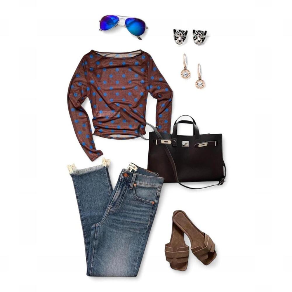 Brown Blue Polka Dot Mesh Top Sheer Ruched Long Sleeve Y2K Indie Women’s Small
